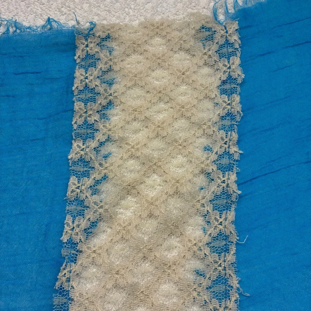 Turquoise Blue Lace Trim Gauze Wrap Scarf Frayed Edge Lightweight Boho Wrap